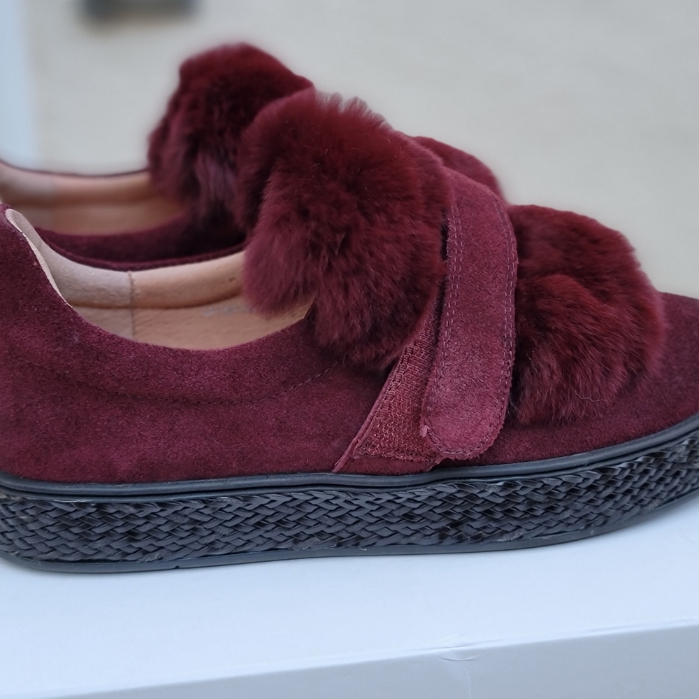 Suede shoes. Rich burgundy color, fur trimmed. Fun to wear!
